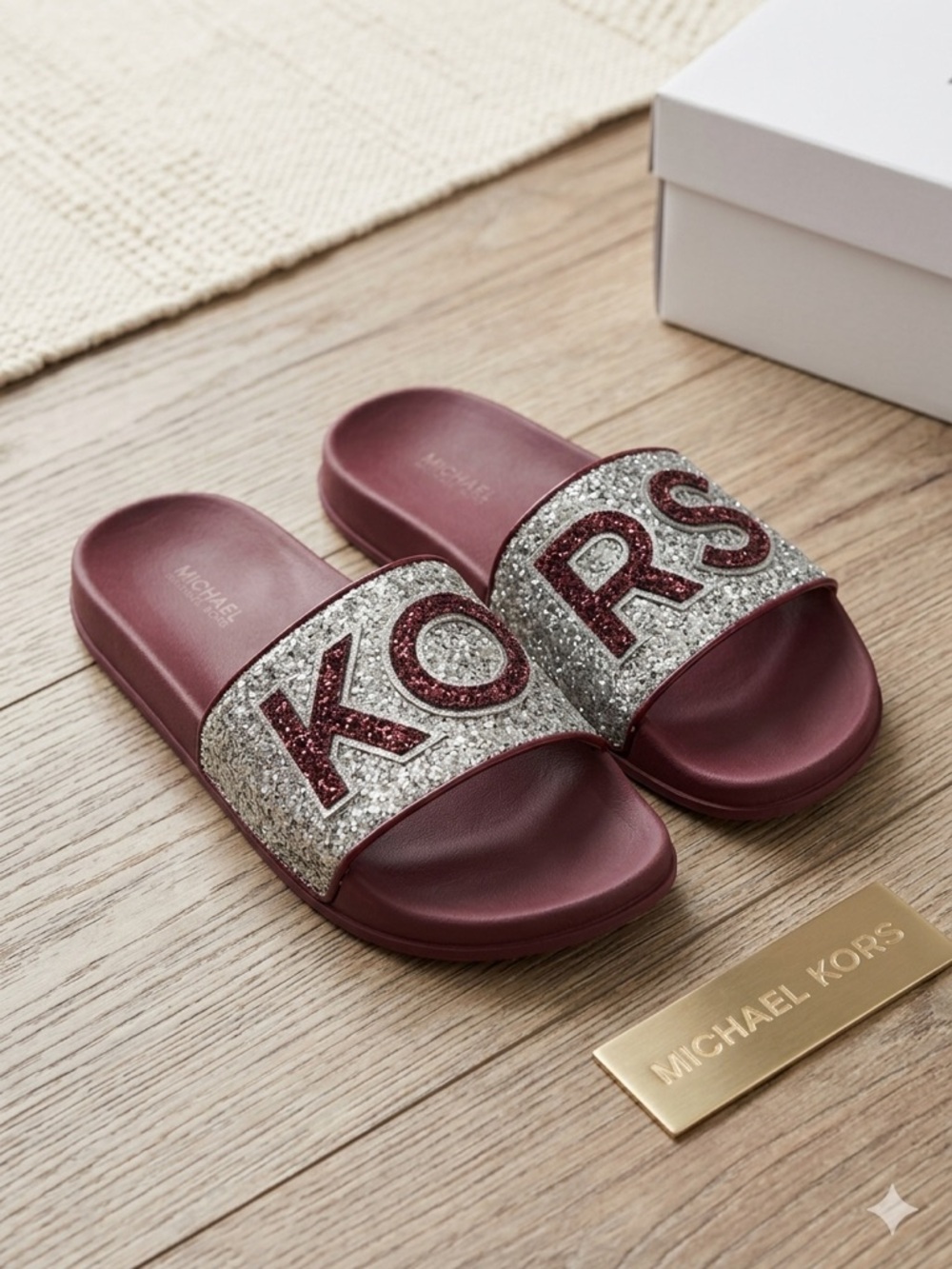 MICHAEL Michael Kors Burgundy Footbed Glitter KORS Slide Sandals - Picture 3 of 4